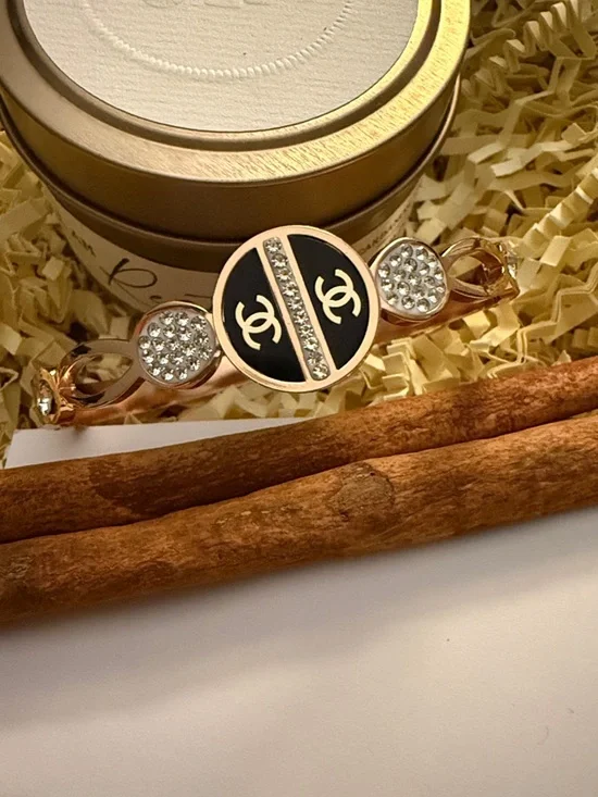 Fashion Jewelry Gold-Tone Black Enamel Crystal Accent Bracelet - Picture 2 of 6